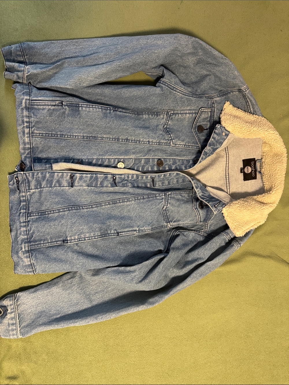 Boohoo Light Blue Denim Jacket with Cream Sherpa Collar